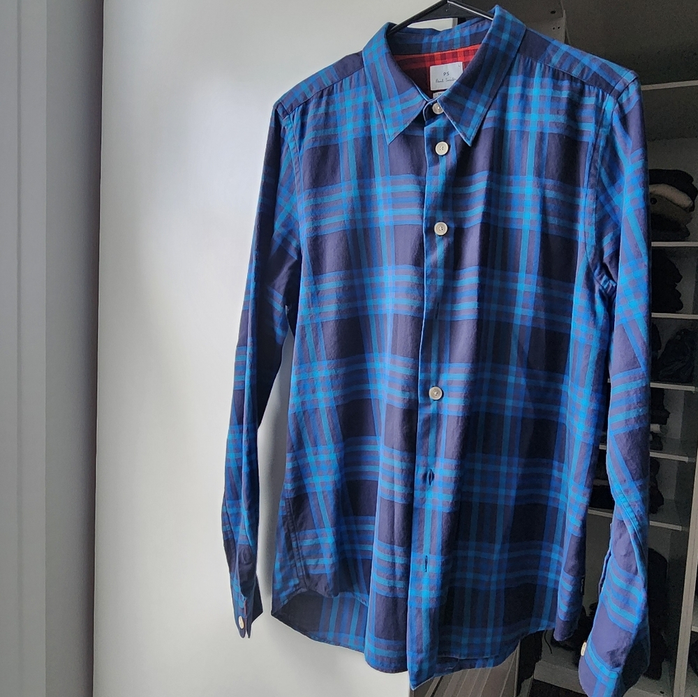 Paul Smith Men's blue plaid collared shirt sz L